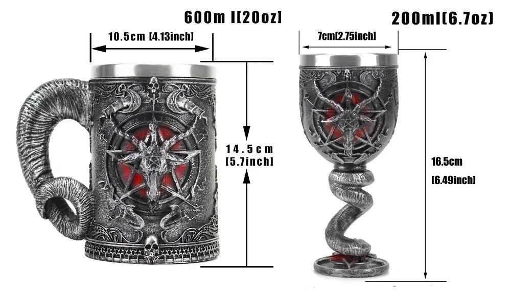 Baphomet Mug Tankard Stainless Steel Resin 3D Baphomet Pentagram Sabbatic Gothic Wicca Pagan Horn Beer Tankard Cup Mugs 600ml
