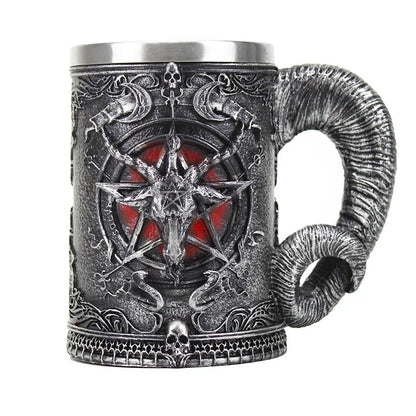 Baphomet Mug Tankard Stainless Steel Resin 3D Baphomet Pentagram Sabbatic Gothic Wicca Pagan Horn Beer Tankard Cup Mugs 600ml