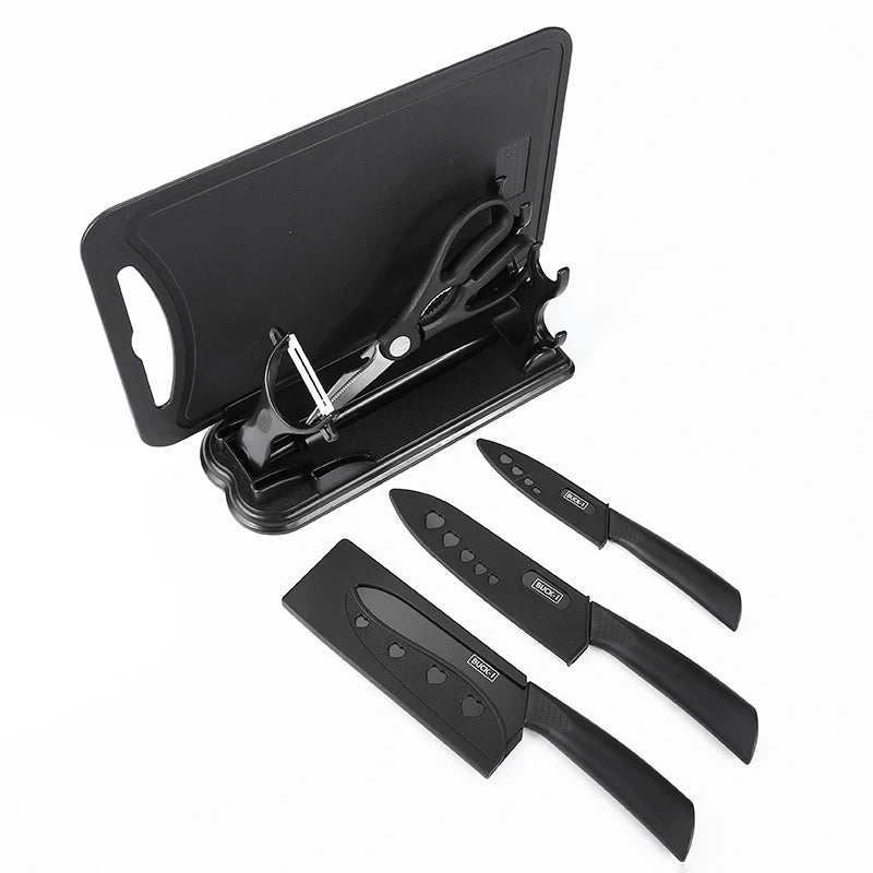 6-Piece Stainless Steel Eco-Friendly Kitchen Knife Set Extra Sharp Blades Non-Stick Coating Cutting Board Stand Right Knives