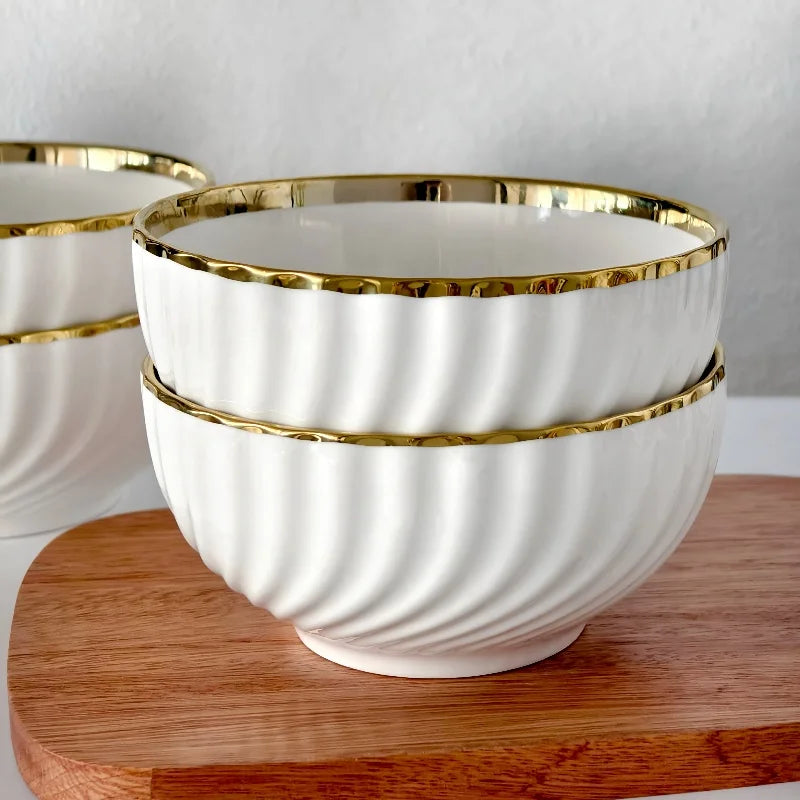 Nordic 6 Inch White Porcelain Bowl Elegant Gold Border Ceramic Dessert Bowl Modern Swirl Design Salad Tableware for Party