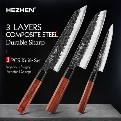 HEZHEN 1-3PC Kitchen Knife Set Chef Utility Santoku Professional Clad Steel Japanese Cook For Meat Kitchen Knife Red Wood