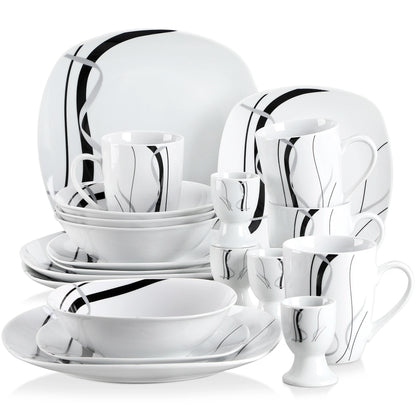 VEWEET FIONA 20/40 Piece Black Stripe Porcelain Dinner Kitchen Plate Combi-Set with Egg Cup/Mug/Bowl/Dessert Plate/Dinner Plate