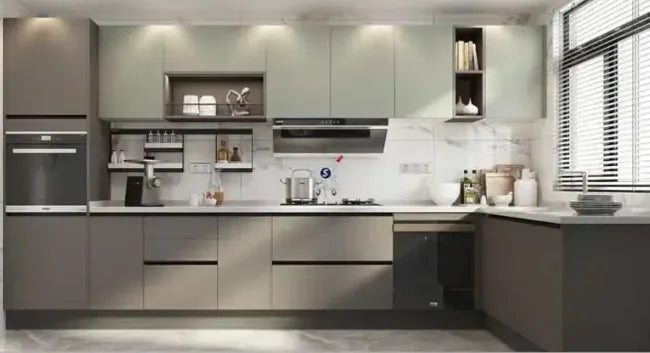Modern Eco-Friendly Kitchen Cabinets High-Gloss Lacquered Acryloc PET Flat Melamine on Wood Plywood for Villas Faucet