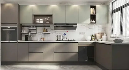 Modern Eco-Friendly Kitchen Cabinets High-Gloss Lacquered Acryloc PET Flat Melamine on Wood Plywood for Villas Faucet