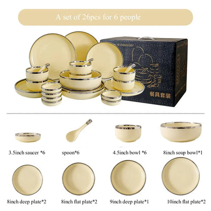 Luxury Elegant Vintage Hotel Restaurant Home Porcelain Tableware Gold Edge Ceramic Bowl Dinner Plates Dishes Dinnerware Set