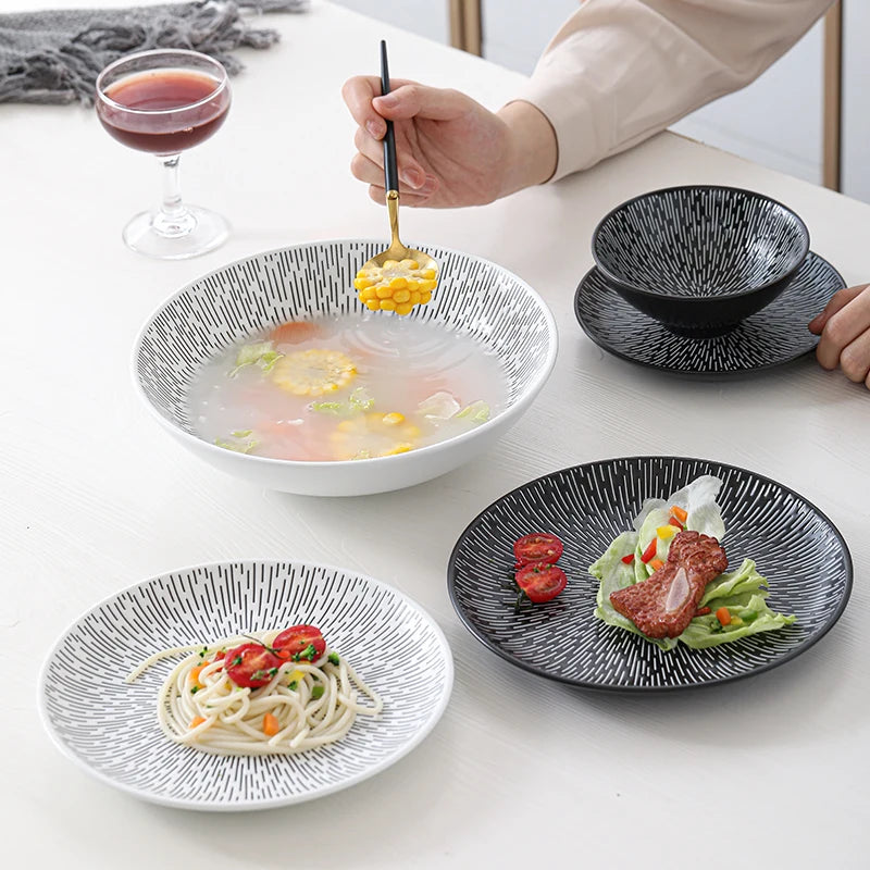 Dehua Round Ceramic Rain Design Dinnerware Plates Set Porcelain Black or White Line Tableware Morden Salad Soup Bowl