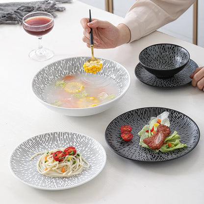Dehua Round Ceramic Rain Design Dinnerware Plates Set Porcelain Black or White Line Tableware Morden Salad Soup Bowl
