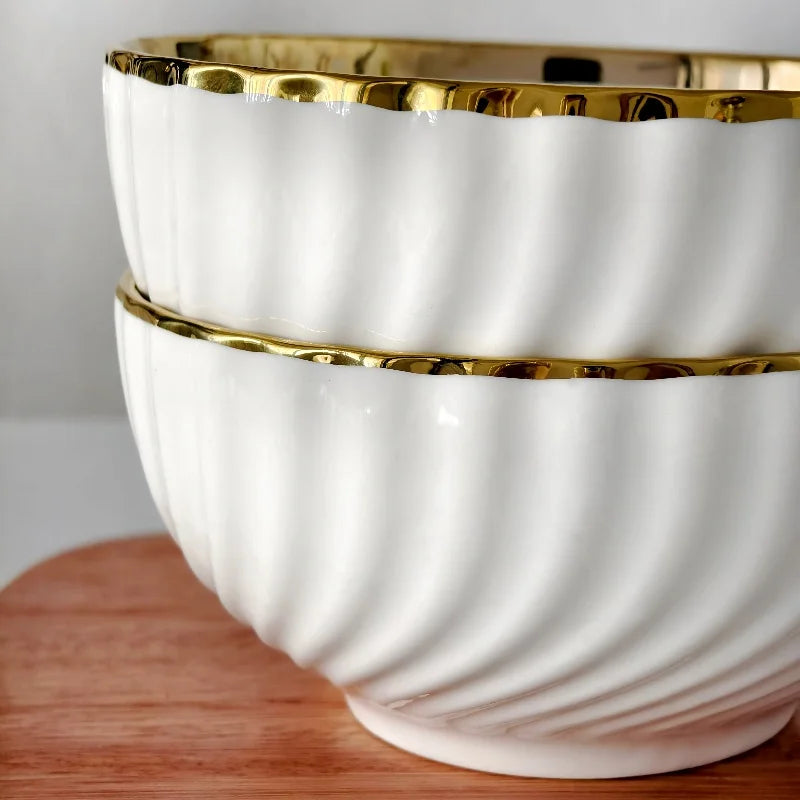 Nordic 6 Inch White Porcelain Bowl Elegant Gold Border Ceramic Dessert Bowl Modern Swirl Design Salad Tableware for Party