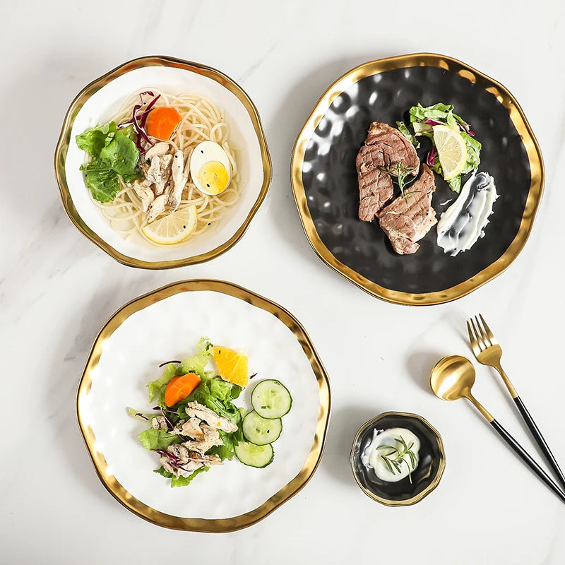 Factory Direct Wedding Gold Ceramic Plates Gold Rim Fashion Black White Gold Dinnerware Irregular Bowl Set