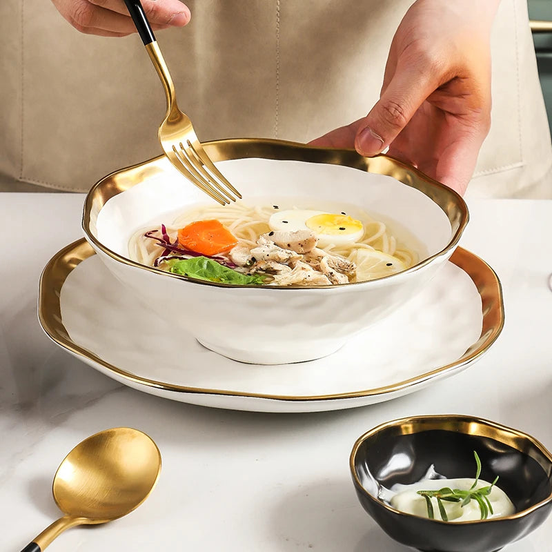 Factory Direct Wedding Gold Ceramic Plates Gold Rim Fashion Black White Gold Dinnerware Irregular Bowl Set