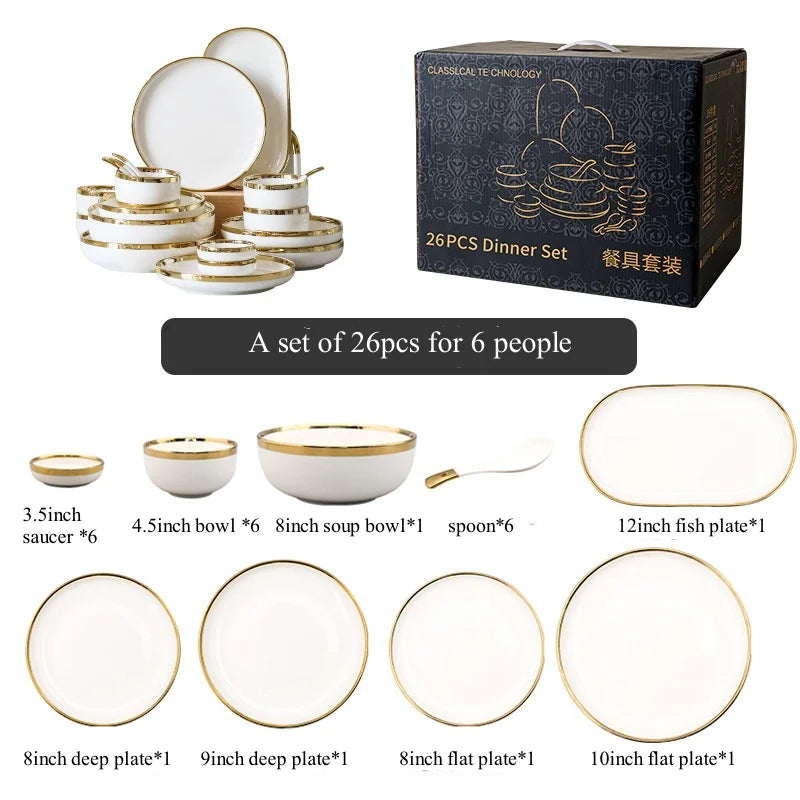 Luxury Elegant Vintage Hotel Restaurant Home Porcelain Tableware Gold Edge Ceramic Bowl Dinner Plates Dishes Dinnerware Set
