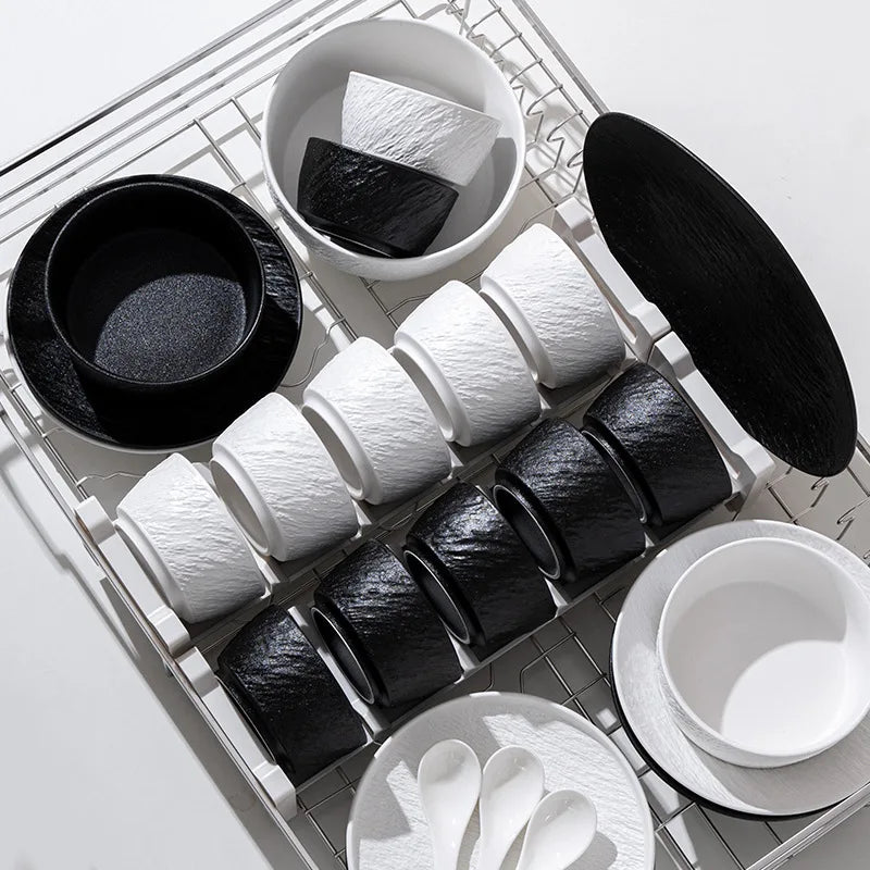 European-Style Minimalist Ceramic Tableware Set Black White Slate Series Includes Rice Bowls Plates Dishes-Available