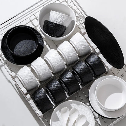 European-Style Minimalist Ceramic Tableware Set Black White Slate Series Includes Rice Bowls Plates Dishes-Available