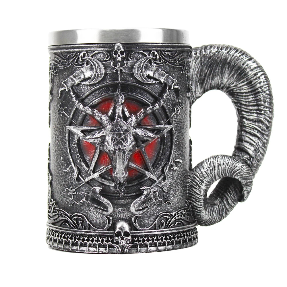Baphomet Mug Tankard Stainless Steel Resin 3D Baphomet Pentagram Sabbatic Gothic Wicca Pagan Horn Beer Tankard Cup Mugs 600ml