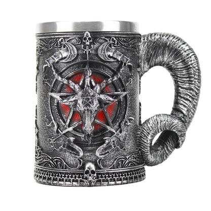 Baphomet Mug Tankard Stainless Steel Resin 3D Baphomet Pentagram Sabbatic Gothic Wicca Pagan Horn Beer Tankard Cup Mugs 600ml