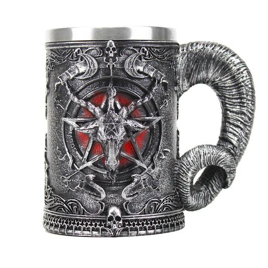 Baphomet Mug Tankard Stainless Steel Resin 3D Baphomet Pentagram Sabbatic Gothic Wicca Pagan Horn Beer Tankard Cup Mugs 600ml