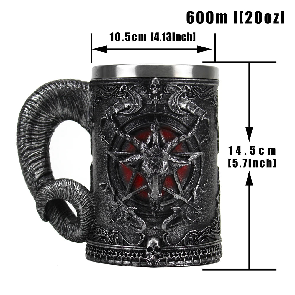 Baphomet Mug Tankard Stainless Steel Resin 3D Baphomet Pentagram Sabbatic Gothic Wicca Pagan Horn Beer Tankard Cup Mugs 600ml
