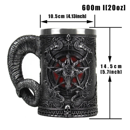 Baphomet Mug Tankard Stainless Steel Resin 3D Baphomet Pentagram Sabbatic Gothic Wicca Pagan Horn Beer Tankard Cup Mugs 600ml