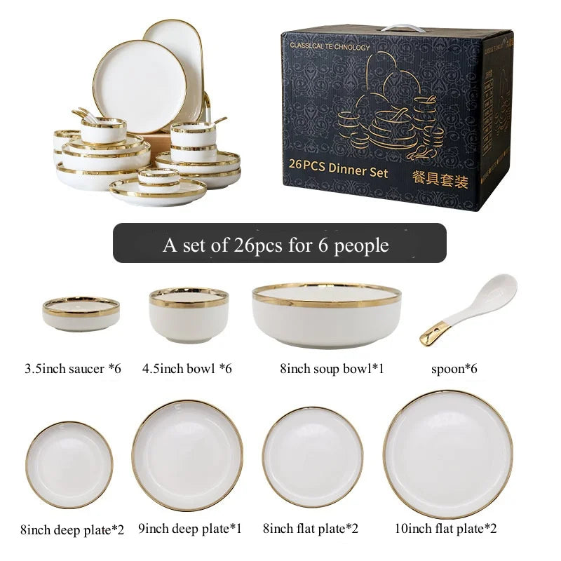 Luxury Elegant Vintage Hotel Restaurant Home Porcelain Tableware Gold Edge Ceramic Bowl Dinner Plates Dishes Dinnerware Set