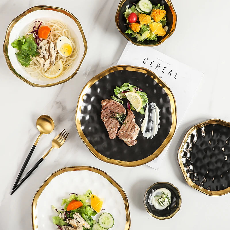 Factory Direct Wedding Gold Ceramic Plates Gold Rim Fashion Black White Gold Dinnerware Irregular Bowl Set