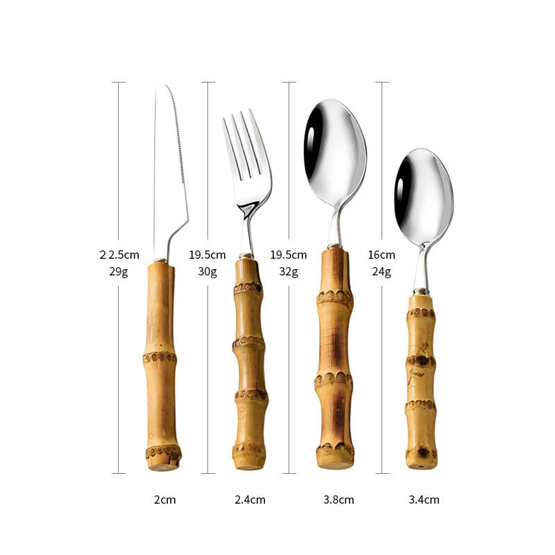 24Pcs Dinnerware Sets Original Nature Bamboo Handle Cutlery Stainless Steel Knife Fork Spoon Purely Natural Bamboo Tableware Set