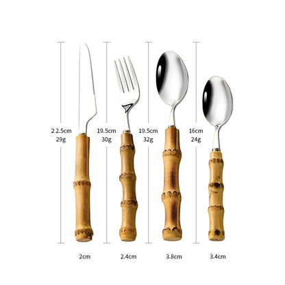 24Pcs Dinnerware Sets Original Nature Bamboo Handle Cutlery Stainless Steel Knife Fork Spoon Purely Natural Bamboo Tableware Set