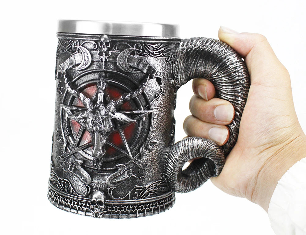 Baphomet Mug Tankard Stainless Steel Resin 3D Baphomet Pentagram Sabbatic Gothic Wicca Pagan Horn Beer Tankard Cup Mugs 600ml