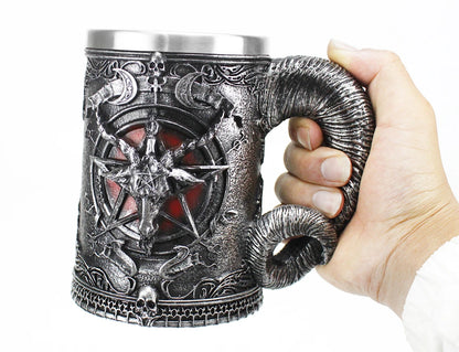 Baphomet Mug Tankard Stainless Steel Resin 3D Baphomet Pentagram Sabbatic Gothic Wicca Pagan Horn Beer Tankard Cup Mugs 600ml