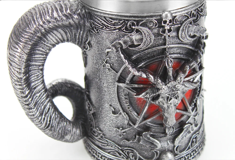 Baphomet Mug Tankard Stainless Steel Resin 3D Baphomet Pentagram Sabbatic Gothic Wicca Pagan Horn Beer Tankard Cup Mugs 600ml