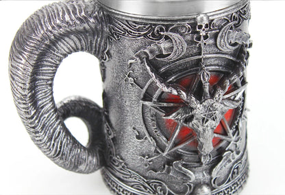 Baphomet Mug Tankard Stainless Steel Resin 3D Baphomet Pentagram Sabbatic Gothic Wicca Pagan Horn Beer Tankard Cup Mugs 600ml
