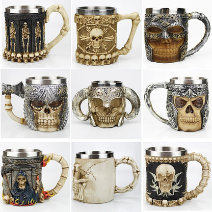 Stainless Steel Skull Mug Contain Viking Skeleton Death Grim Knight Gothic Design Coffee Beer Tankard Mugs BEST Halloween Gift