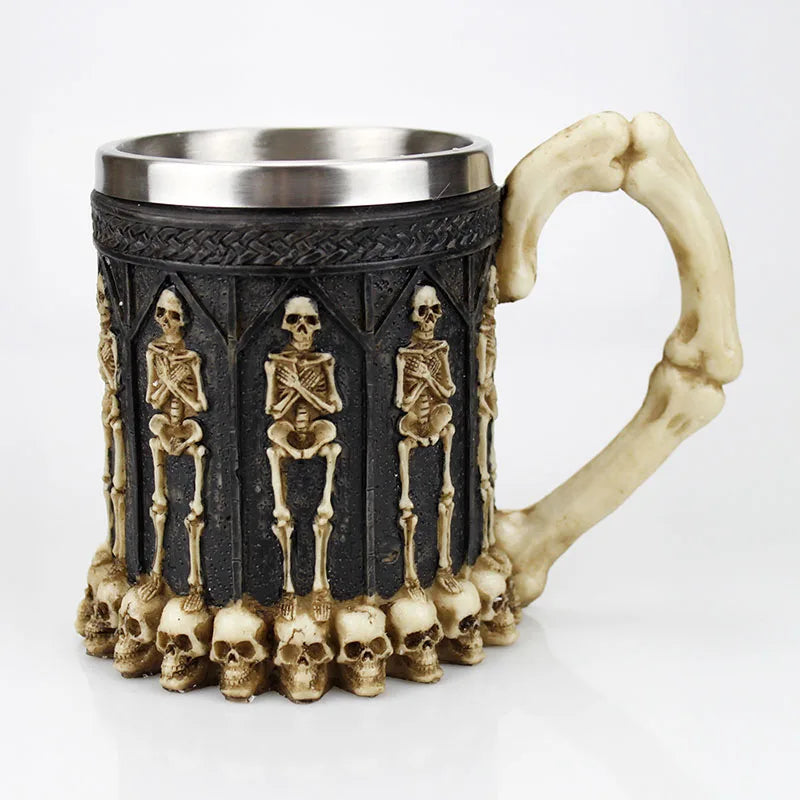 Stainless Steel Skull Mug Contain Viking Skeleton Death Grim Knight Gothic Design Coffee Beer Tankard Mugs BEST Halloween Gift