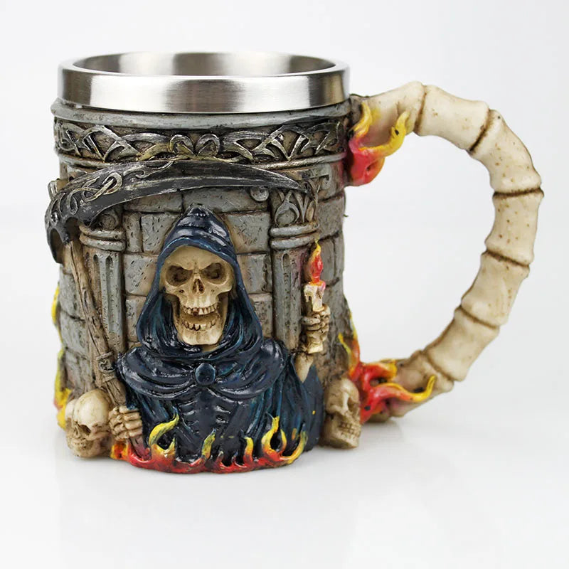 Stainless Steel Skull Mug Contain Viking Skeleton Death Grim Knight Gothic Design Coffee Beer Tankard Mugs BEST Halloween Gift