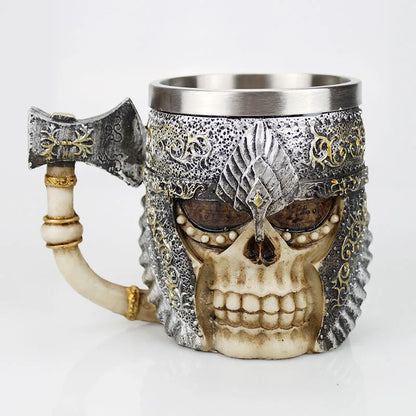 Stainless Steel Skull Mug Contain Viking Skeleton Death Grim Knight Gothic Design Coffee Beer Tankard Mugs BEST Halloween Gift