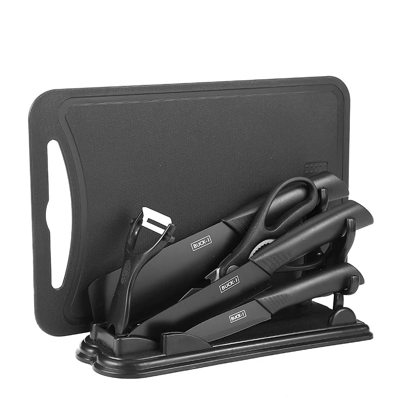 6-Piece Stainless Steel Eco-Friendly Kitchen Knife Set Extra Sharp Blades Non-Stick Coating Cutting Board Stand Right Knives