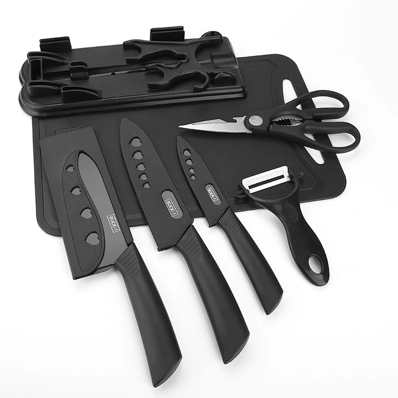 6-Piece Stainless Steel Eco-Friendly Kitchen Knife Set Extra Sharp Blades Non-Stick Coating Cutting Board Stand Right Knives