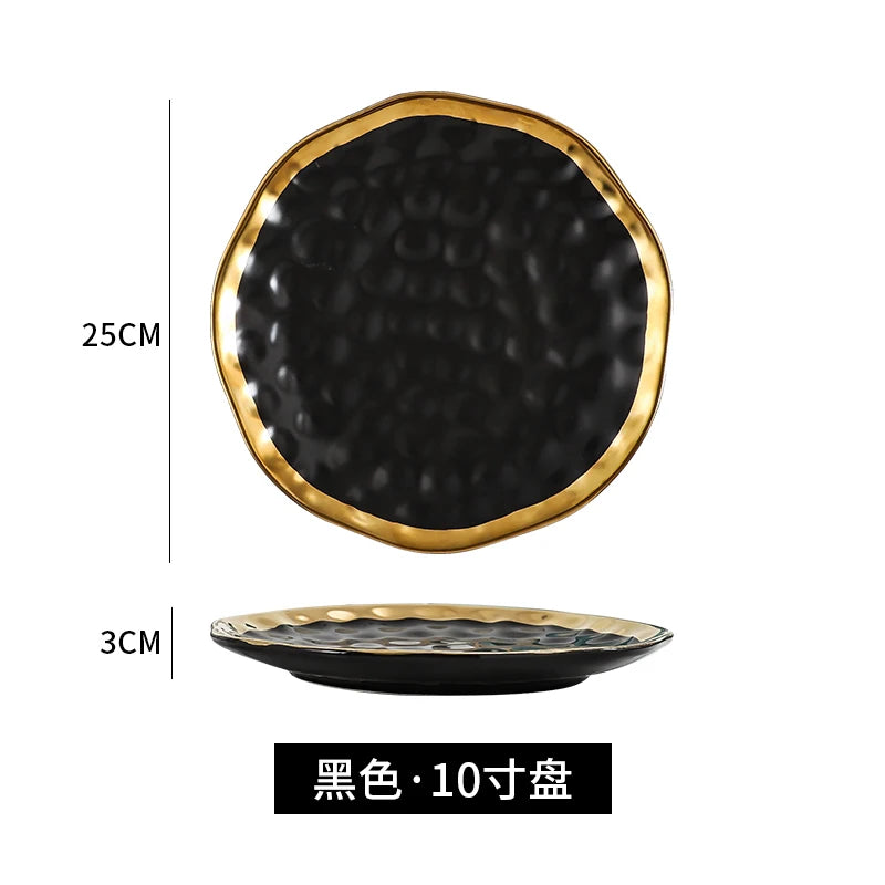 Factory Direct Wedding Gold Ceramic Plates Gold Rim Fashion Black White Gold Dinnerware Irregular Bowl Set