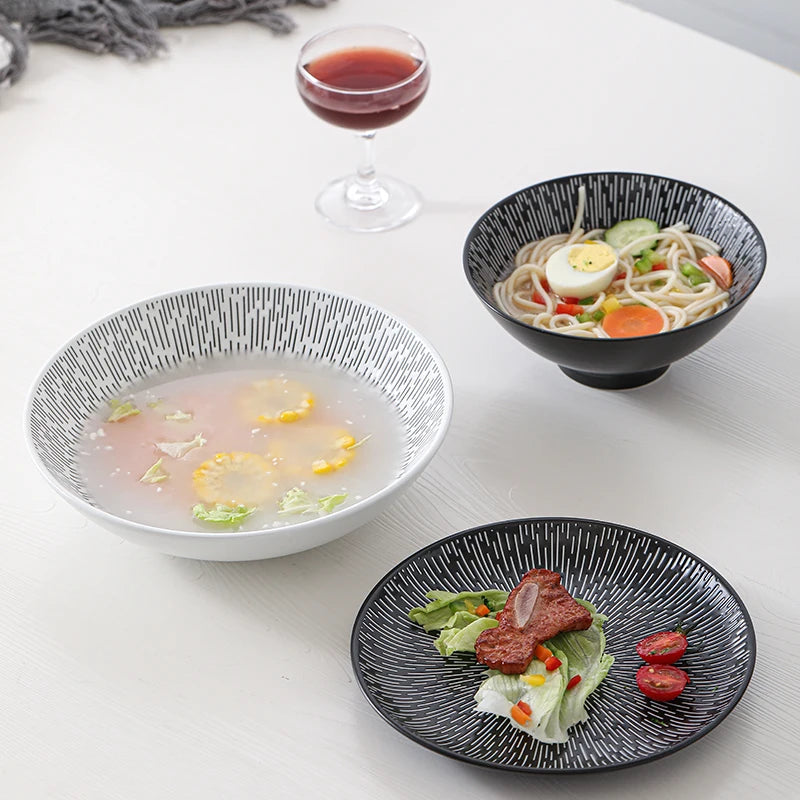 Dehua Round Ceramic Rain Design Dinnerware Plates Set Porcelain Black or White Line Tableware Morden Salad Soup Bowl
