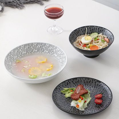 Dehua Round Ceramic Rain Design Dinnerware Plates Set Porcelain Black or White Line Tableware Morden Salad Soup Bowl