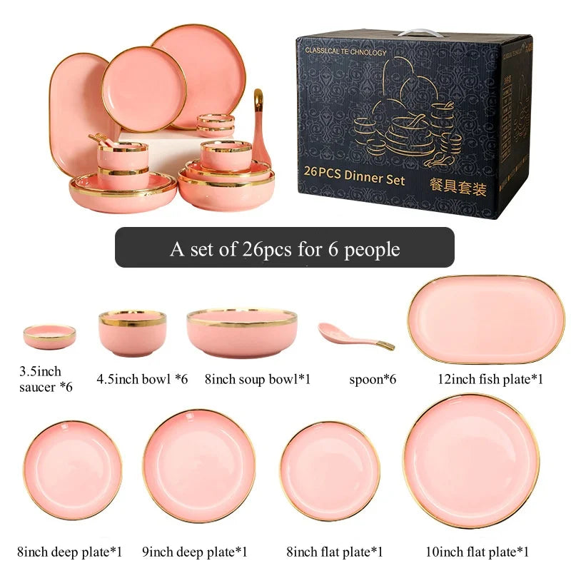 Luxury Elegant Vintage Hotel Restaurant Home Porcelain Tableware Gold Edge Ceramic Bowl Dinner Plates Dishes Dinnerware Set