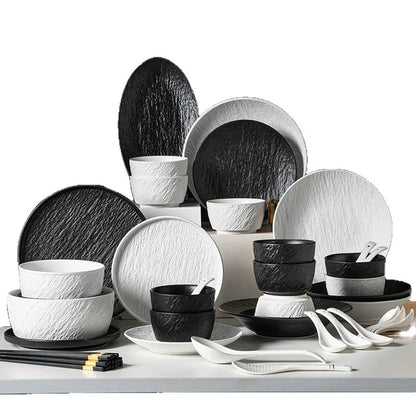 European-Style Minimalist Ceramic Tableware Set Black White Slate Series Includes Rice Bowls Plates Dishes-Available