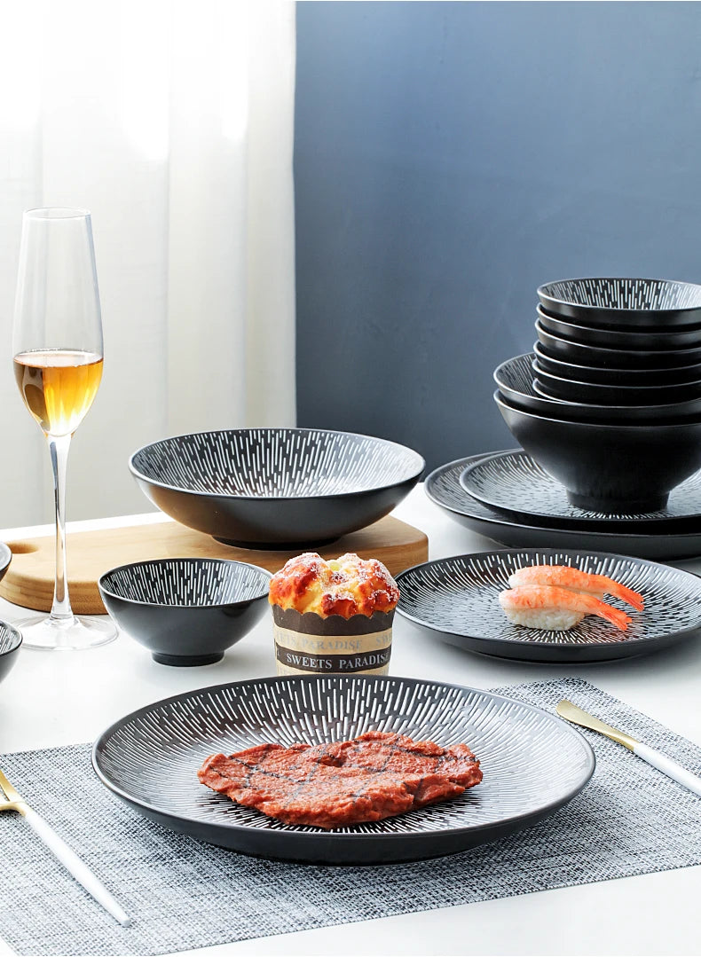Dehua Round Ceramic Rain Design Dinnerware Plates Set Porcelain Black or White Line Tableware Morden Salad Soup Bowl