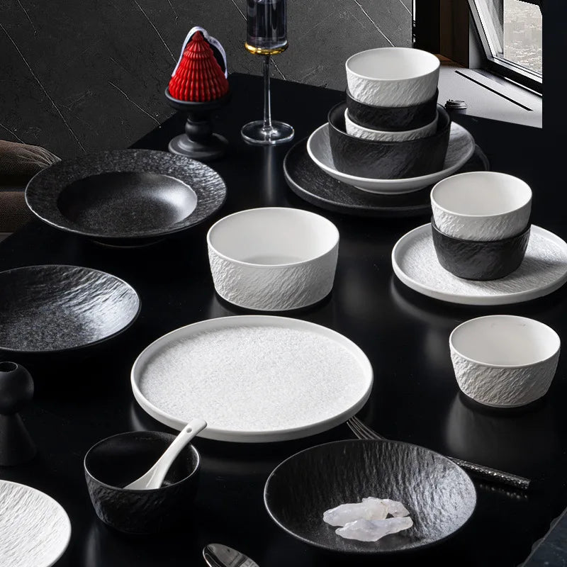 European-Style Minimalist Ceramic Tableware Set Black White Slate Series Includes Rice Bowls Plates Dishes-Available