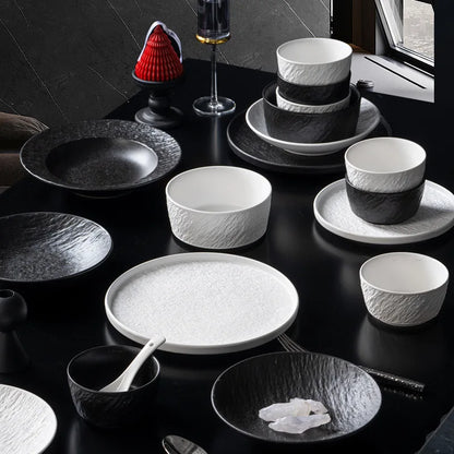 European-Style Minimalist Ceramic Tableware Set Black White Slate Series Includes Rice Bowls Plates Dishes-Available