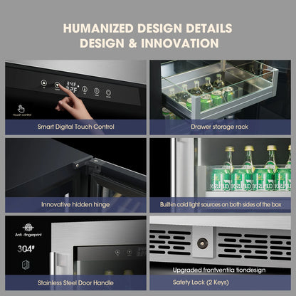 Factory Supply Black Color Beer Beverages Cooler 110L Stainless Steel Built-In Glass Door Refrigerator with Lock