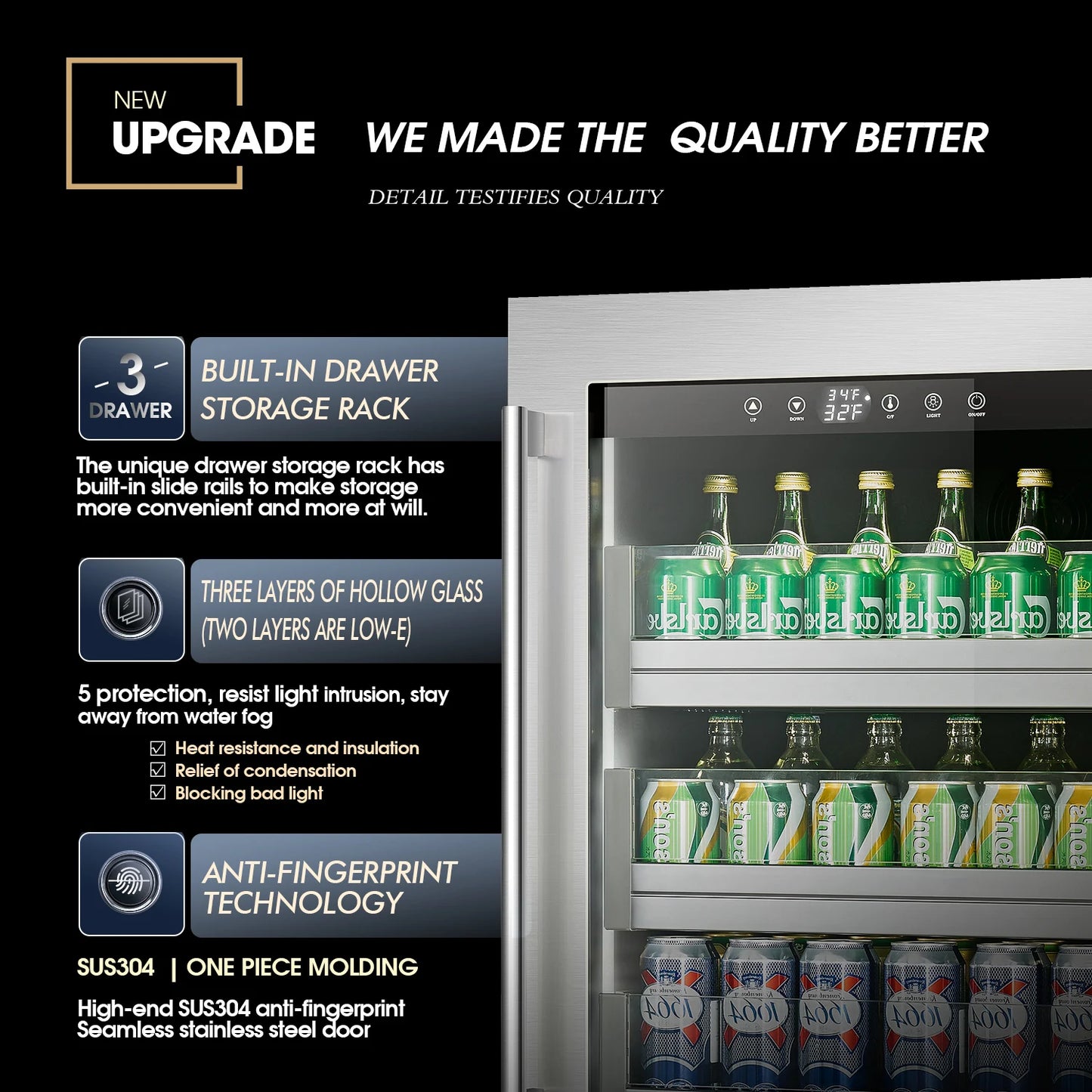 Factory Supply Black Color Beer Beverages Cooler 110L Stainless Steel Built-In Glass Door Refrigerator with Lock