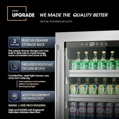 Factory Supply Black Color Beer Beverages Cooler 110L Stainless Steel Built-In Glass Door Refrigerator with Lock