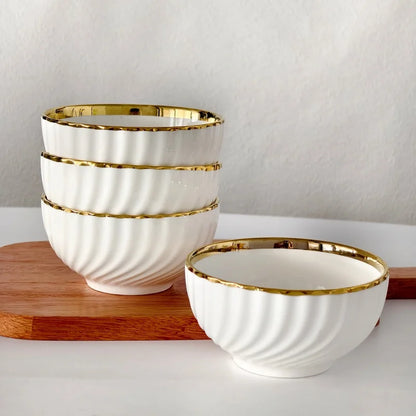 Nordic 6 Inch White Porcelain Bowl Elegant Gold Border Ceramic Dessert Bowl Modern Swirl Design Salad Tableware for Party