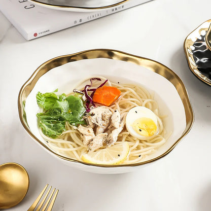 Factory Direct Wedding Gold Ceramic Plates Gold Rim Fashion Black White Gold Dinnerware Irregular Bowl Set