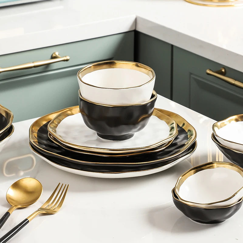 Factory Direct Wedding Gold Ceramic Plates Gold Rim Fashion Black White Gold Dinnerware Irregular Bowl Set